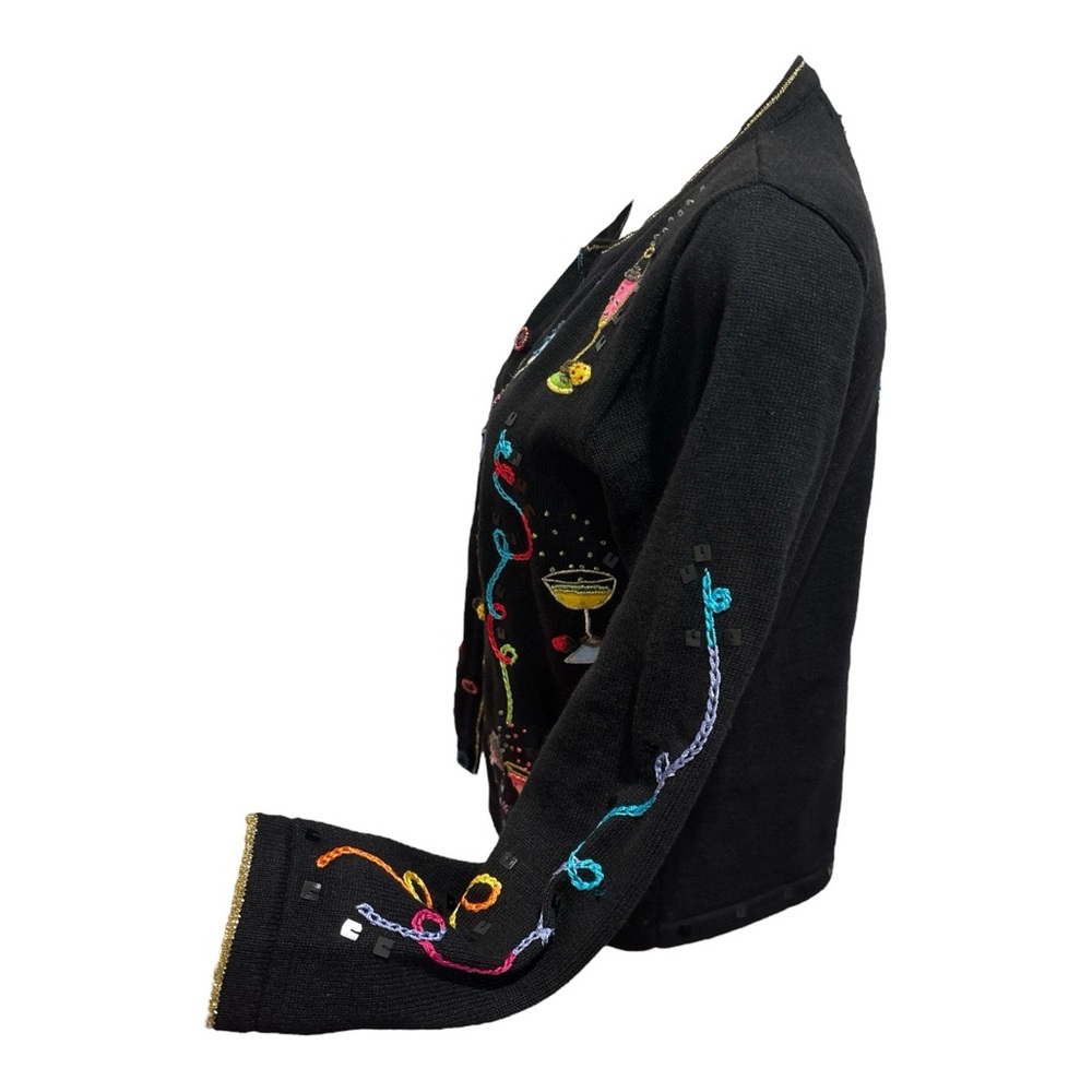 80s BERER 2 BLACK & MULTI-COLOR COCKTAILS HOUR W STREAMERS CARDIGAN SWEATER SZ S - Picture 6 of 12